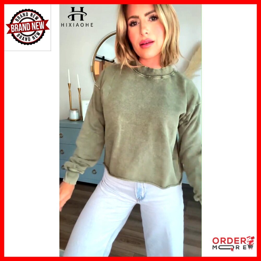 Vintage Cropped Pullover Sweatshirt Long Sleeve Acid Wash Hoodie - Picture 7 of 7